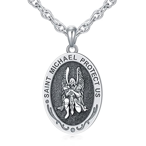 WSX Saint Michael Medaille Halskette für Männer Sterling Silber Der Erzengel Michael Anhänger Amulett Halskette Schutz für Vater Geburtstag Vatertag von WSX