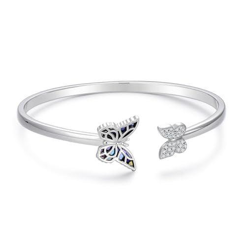 WSX Schmetterlings-Manschettenarmband für Damen 925 Sterling Silber Perlmutt-Schmuck Elegantes verstellbares Schmetterling-Armband Geburtstagsgeschenk von WSX