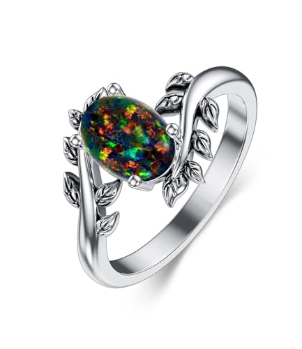 WSX Schwarzer Opal Damenring, Western Oval Edelstein Schmuck 925 Sterling Silber Blatt Bohemian Boho für Sie Ehefrau Mutter Größe M von WSX