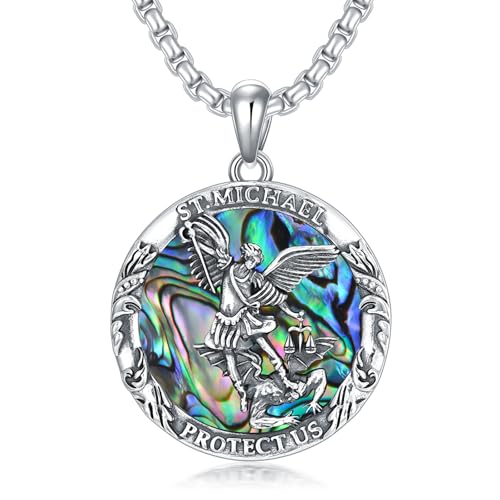 WSX St Michael Halskette für Männer Sterling Silber St Michael Anhänger für Frauen Silber St Michael Medaille mit Abalone Halskette 22+2 Zoll von WSX
