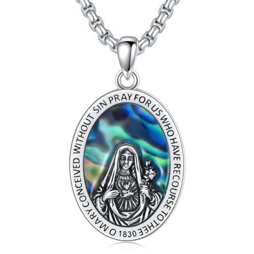 WSX Sterling Silber Jungfrau Maria Halskette mit Abalone für Frauen Miraculous Medal Of Blessed Halskette für Männer Protect Us Medaille Amulett Religious 22+2 Inch von WSX