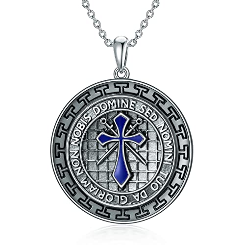 WSX Tempelritter Kreuz Anhänger Halskette für Männer Frauen 925 Sterling Silber Mittelalterliches Kreuzritter Siegel Medaillon Vintage Schutz Amulett Katholischer Schmuck 18"+2" Kabel Rolo Kette von WSX