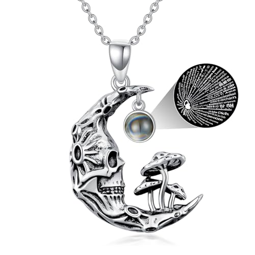 WSX Totenkopf-Pilz-Mond-Halskette aus 925er Sterlingsilber mit „Ich liebe dich in 100 Sprachen“-Projektion, Gothic-Schmuck, Halloween, Weihnachten für Frauen und Mütter von WSX