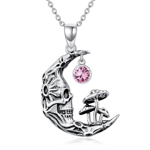 WSX Totenkopf-Pilz-Mond-Halskette aus 925er Sterlingsilber mit Geburtsstein Oktober, Gothic-Schmuck, Halloween, Weihnachten für Frauen und Mütter von WSX