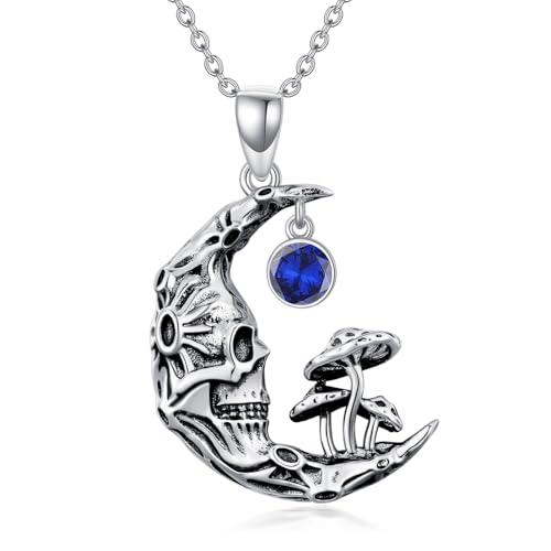 WSX Totenkopf-Pilz-Mond-Halskette aus 925er Sterlingsilber mit Geburtsstein September, Gothic-Schmuck, Halloween, Weihnachten für Frauen und Mütter von WSX