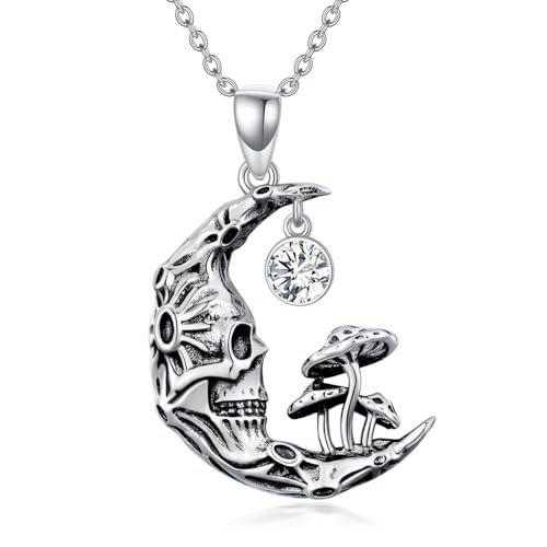 WSX Totenkopf-Pilz-Mond-Halskette aus 925er Sterlingsilber mit Geburtsstein für April, Gothic-Schmuck für Halloween und Weihnachten, für Frauen und Mütter von WSX