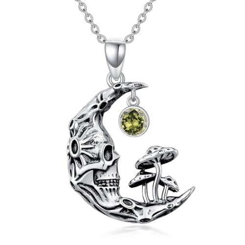 WSX Totenkopf-Pilz-Mond-Halskette aus 925er Sterlingsilber mit Geburtsstein für August, Gothic-Schmuck für Halloween und Weihnachten, für Frauen und Mütter von WSX