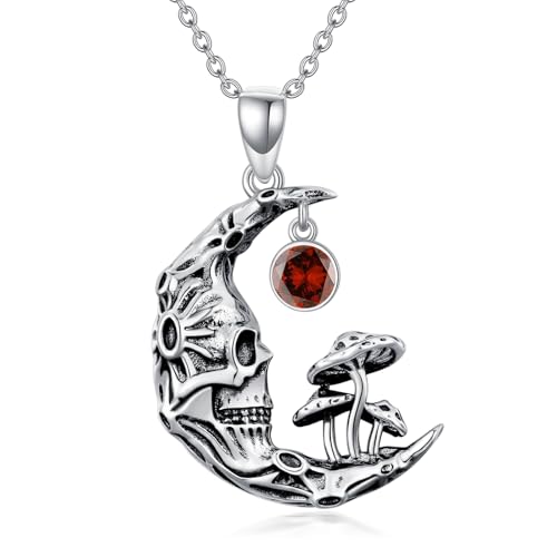 WSX Totenkopf-Pilz-Mond-Halskette aus 925er Sterlingsilber mit Geburtsstein für Januar, Gothic-Schmuck für Halloween und Weihnachten, für Frauen und Mütter von WSX