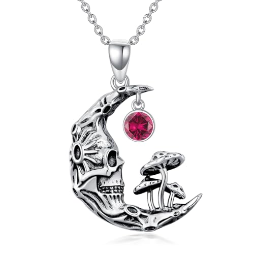 WSX Totenkopf-Pilz-Mond-Halskette aus 925er Sterlingsilber mit Geburtsstein für Juli, Gothic-Schmuck für Halloween und Weihnachten, für Frauen und Mütter von WSX