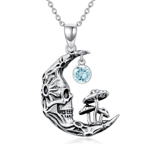 WSX Totenkopf-Pilz-Mond-Halskette aus 925er Sterlingsilber mit Geburtsstein für März, Gothic-Schmuck für Halloween und Weihnachten, für Frauen und Mütter von WSX