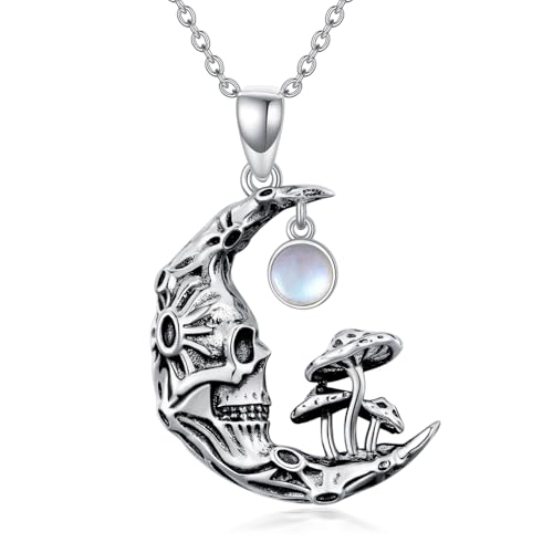 WSX Totenkopf-Pilz-Mond-Halskette aus 925er Sterlingsilber mit Mondstein, Gothic-Schmuck, Halloween, Weihnachten für Frauen und Mütter von WSX