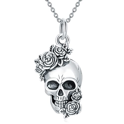 WSX Totenkopf Rose Halskette 925 Sterling Silber Gothic Totenkopf Schmuck Halloween Weihnachten für Frauen Ehefrauen Mütter Totenkopfliebhaber von WSX
