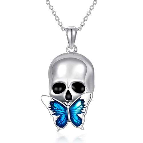 WSX Totenkopf Schmetterling Halskette 925 Sterling Silber Gothic Totenkopf Schmuck Halloween Weihnachten für Frauen Ehefrauen Mütter Totenkopfliebhaber von WSX