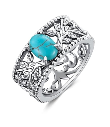 WSX Vintage Echter Türkisring für Damen Ovaler Grüner Edelstein 925 Sterling Silber mit Retro Hohlblattmuster Schmuck Größe S WSX Vintage Echter Türkisring für Damen Ovaler Grüner Edelstein 925 Sterling Silber mit Retro Hohlblattmuster Schmuck Größe S von WSX