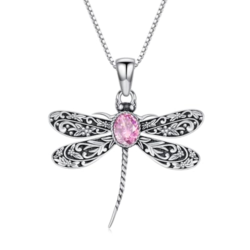 WSX Vintage Libellen Anhänger Halskette für Damen 925 Sterlingsilber Ovaler Edelstein Niedliche Libellen Halsketten Oktober Geburtsstein Schmuck von WSX