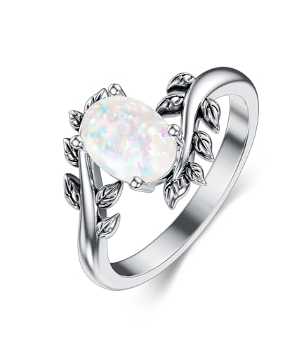 WSX Weißer Opal Damenring, Western Oval Edelstein Schmuck 925 Sterling Silber Blatt Bohemian Boho für Sie Ehefrau Mutter Größe J1/2 von WSX