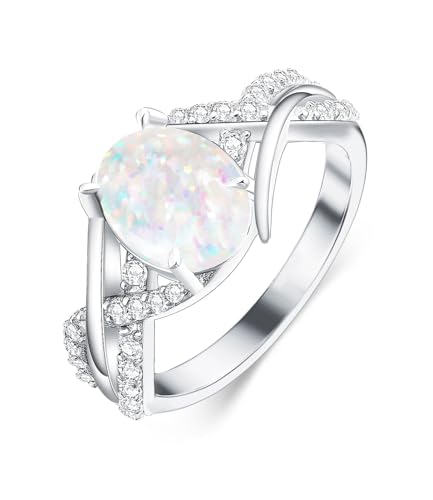WSX Weißer Opal Ring für Damen Oval 925 Sterling Silber Verlobungsring für Hochzeitsversprechen Oval Oktober Geburtsstein Schmuck für Ehefrau Größe O von WSX