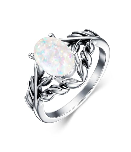 WSX Weißer Opal Ring für Damen Ovaler Stein Zarter Schmuck 925 Sterling Silber Blatt Boho für Ihre Ehefrau Mutter Größe Q von WSX