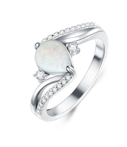 WSX Weißer Opal Verlobungsring für Damen 925 Sterling Silber mit Tränenförmigen Synthetischen Edelsteinen CZ Ring Schmuck für Versprechen Hochzeiten Größe O von WSX