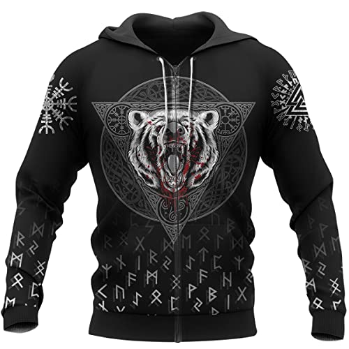 WSXJJ 3D Nordischer Berserker Kapuzenpullover für Herren, Wikinger Bär Krieger Tattoo Sweatshirt Lässiges T-Shirt Unisex Straßenjacke,Bear Fenrir Zipper,5XL von WSXJJ