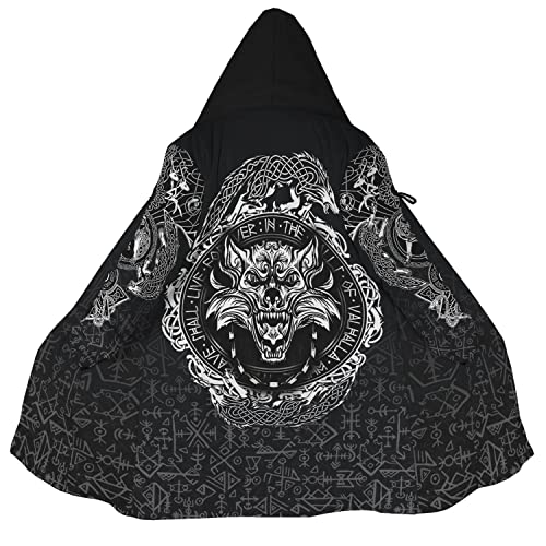 WSXJJ 3D Wikinger Fenrir Wolf Tattoo Kapuzenmantel, Nordic Faux Cashmere Herren Umhang Winterjacke Mittellanger Parka,Angry Fenrir,3XL von WSXJJ