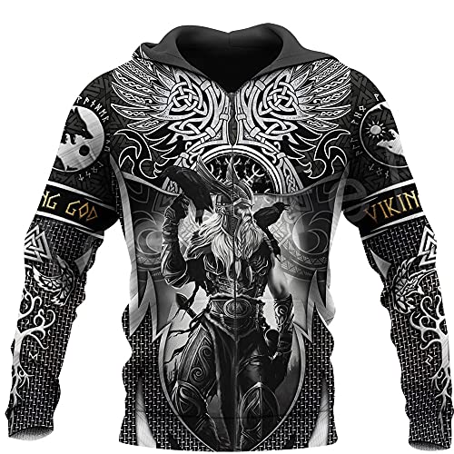 WSXJJ 3D Wikinger Odin Tattoo Hoodie, Nordic Mythology Print Pullover Männer Langarm Langhülse Casual Sweatshirt Mit Kapuze Jacke,Hoodie Zip,XL von WSXJJ