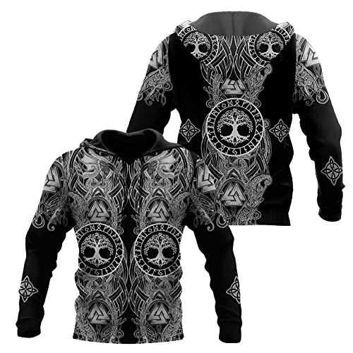 WSXJJ 3D Wikinger Odin Tattoo Hoodie Langarm Sweatshirt, Nordic Herren Casual Pullover Jacket Skandinavische Kleidung,Black Yggdrasil Hoodie,XL von WSXJJ