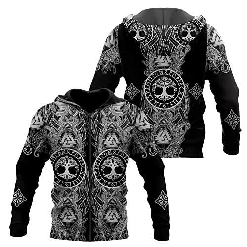 WSXJJ 3D Wikinger Odin Tattoo Hoodie Langarm Sweatshirt, Nordic Herren Casual Pullover Jacket Skandinavische Kleidung,Black Yggdrasil Zip,L von WSXJJ