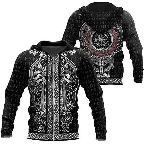 WSXJJ 3D Wikinger Odin Tattoo Hoodie Langarm Sweatshirt, Nordic Herren Casual Pullover Jacket Skandinavische Kleidung,Odin god Zip,XL von WSXJJ