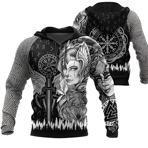 WSXJJ 3D Wikinger Odin Tattoo Hoodie Langarm Sweatshirt, Nordic Herren Casual Pullover Jacket Skandinavische Kleidung,Valkyrie Hoodie,XL von WSXJJ