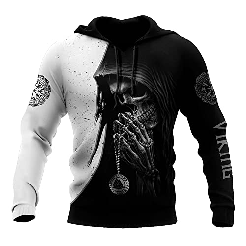 WSXJJ 3D Wikinger Odin Tattoo Hoodie Langarm Sweatshirt, Nordic Herren Casual Pullover Jacket Skandinavische Kleidung,Viking Skull Hoodie,5XL von WSXJJ