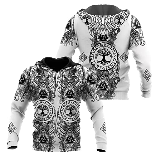 WSXJJ 3D Wikinger Odin Tattoo Hoodie Langarm Sweatshirt, Nordic Herren Casual Pullover Jacket Skandinavische Kleidung,White Yggdrasil Hoodie,XL von WSXJJ