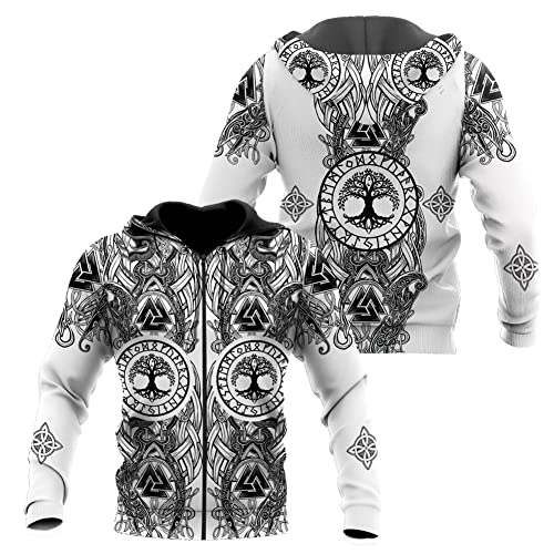 WSXJJ 3D Wikinger Odin Tattoo Hoodie Langarm Sweatshirt, Nordic Herren Casual Pullover Jacket Skandinavische Kleidung,White Yggdrasil Zip,L von WSXJJ
