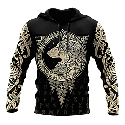 WSXJJ 3D Wikinger Tattoo Odin Langarm Sweatshirt, Herren Nordic Pullover Hoodie Lässige Cosplay Jacke,Fenrir Hoodie,M von WSXJJ