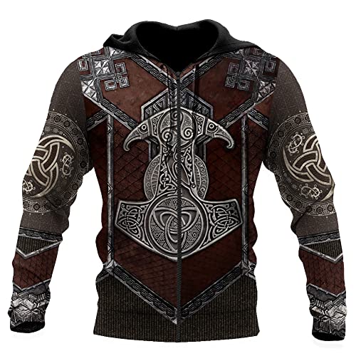 WSXJJ 3D Wikinger Tattoo Odin Langarm Sweatshirt, Herren Nordic Pullover Hoodie Lässige Cosplay Jacke,Thor Hammer Zip Hoodie,3XL von WSXJJ