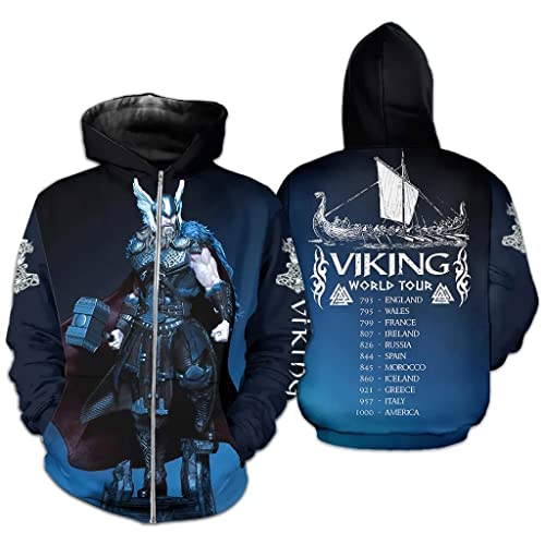 WSXJJ 3D Wikinger Tattoo Thor Hammer Herren Sweatshirt, Nordischer Odin Walhalla Hoodie Lässiger Pullover Straßenjacke,Battleship Zipper,5XL von WSXJJ