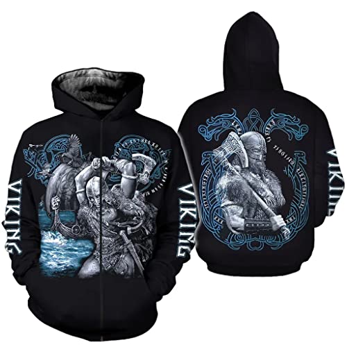 WSXJJ 3D Wikinger Tattoo Thor Hammer Herren Sweatshirt, Nordischer Odin Walhalla Hoodie Lässiger Pullover Straßenjacke,Berserker Zipper,4XL von WSXJJ