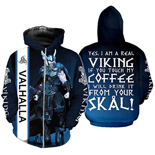 WSXJJ 3D Wikinger Tattoo Thor Hammer Herren Sweatshirt, Nordischer Odin Walhalla Hoodie Lässiger Pullover Straßenjacke,Valhalla Zipper,5XL von WSXJJ