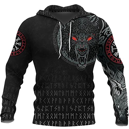 WSXJJ Männer Wikinger Tätowierung Odin Fenrir Wolf Hoodie, 3D Druck Herbst Langarm Sweatshirt Übergroßen Beiläufige nordische Kleidung Lose Pullover Jacke,Fenrir Hoodie,3XL von WSXJJ