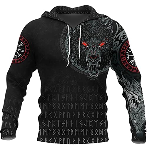 WSXJJ Männer Wikinger Tätowierung Odin Fenrir Wolf Hoodie, 3D Druck Herbst Langarm Sweatshirt Übergroßen Beiläufige nordische Kleidung Lose Pullover Jacke,Fenrir Hoodie,4XL von WSXJJ