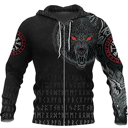 WSXJJ Männer Wikinger Tätowierung Odin Fenrir Wolf Hoodie, 3D Druck Herbst Langarm Sweatshirt Übergroßen Beiläufige nordische Kleidung Lose Pullover Jacke,Fenrir Zip Hoodie,4XL von WSXJJ