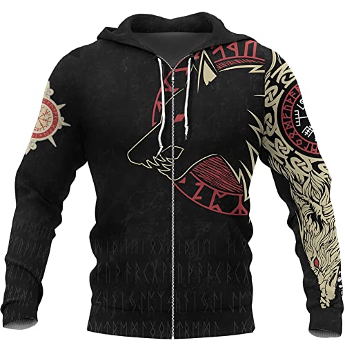 WSXJJ Männer Wikinger Tätowierung Odin Fenrir Wolf Hoodie, 3D Druck Herbst Langarm Sweatshirt Übergroßen Beiläufige nordische Kleidung Lose Pullover Jacke,Fenris Zip Hoodie,4XL von WSXJJ