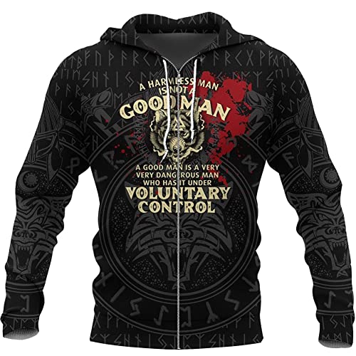 WSXJJ Männer Wikinger Tätowierung Odin Fenrir Wolf Hoodie, 3D Druck Herbst Langarm Sweatshirt Übergroßen Beiläufige nordische Kleidung Lose Pullover Jacke,Viking Wolf Zip Hoodie,3XL von WSXJJ