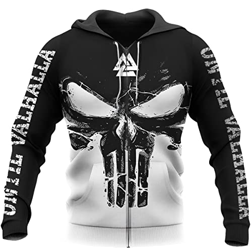 WSXJJ Nordic Valknut Totenkopf Herren Hoodie 3D Druck Wikinger Tattoo Walhalla Sweatshirt Lässiger Pullover Unisex Jacke,Black Skull Zipper,XXL von WSXJJ