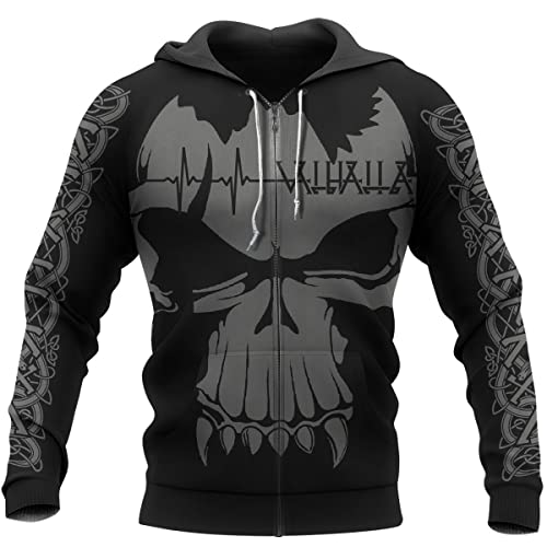 WSXJJ Nordic Valknut Totenkopf Herren Hoodie 3D Druck Wikinger Tattoo Walhalla Sweatshirt Lässiger Pullover Unisex Jacke,Valhalla Skull Zipper,XL von WSXJJ