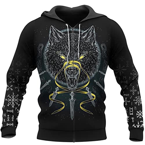 WSXJJ Nordische Mythologie Fenrir Wolf Sweatshirt für Herren Wikinger Tattoo Odin Hoodie Unisex Freizeit Straßenjacke Shirt,Fenrir Wolf Zipper,XL von WSXJJ