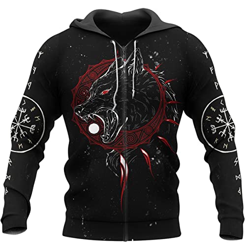 WSXJJ Nordische Mythologie Fenrir Wolf Sweatshirt für Herren Wikinger Tattoo Odin Hoodie Unisex Freizeit Straßenjacke Shirt,Sons of Fenrir Zipper,XL von WSXJJ