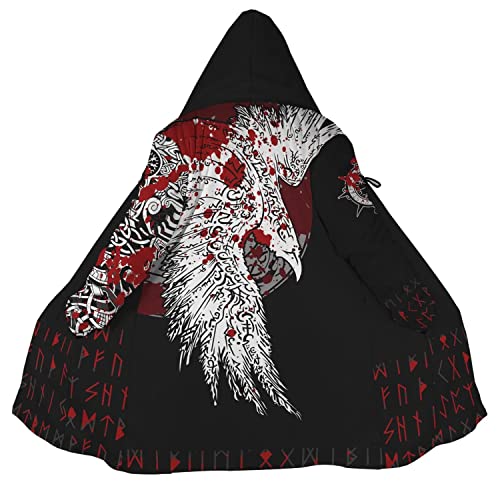 WSXJJ Odin Raven Herren Wikinger Kapuzen Mantel, Umhang Nordischem Kaschmir Imitat 3D Gedruckter Mantel Winter Mittlere Länge Parka Jacke,Bloody Raven,3XL von WSXJJ