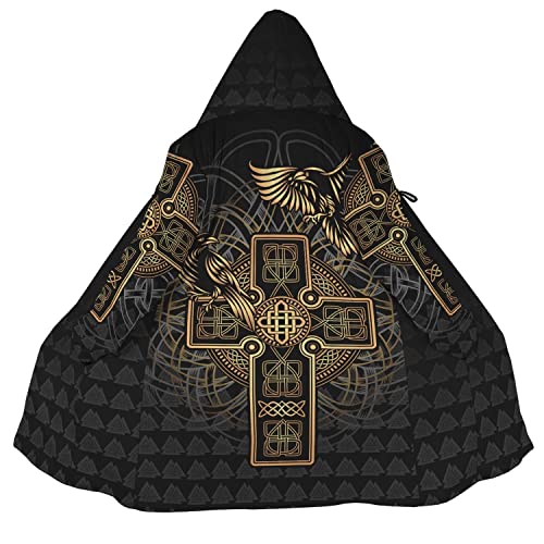 WSXJJ Odin Raven Herren Wikinger Kapuzen Mantel, Umhang Nordischem Kaschmir Imitat 3D Gedruckter Mantel Winter Mittlere Länge Parka Jacke,Celtic Knot Raven,5XL von WSXJJ