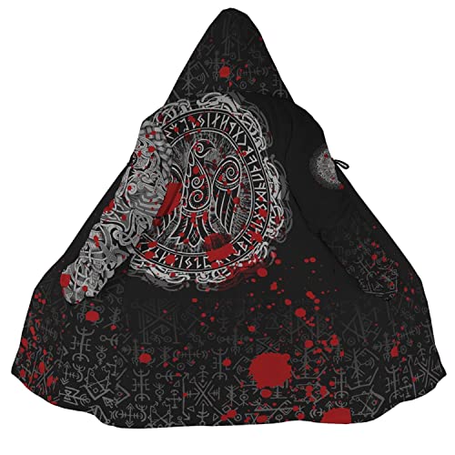WSXJJ Odin Raven Herren Wikinger Kapuzen Mantel, Umhang Nordischem Kaschmir Imitat 3D Gedruckter Mantel Winter Mittlere Länge Parka Jacke,Raven Bloody,XXL von WSXJJ